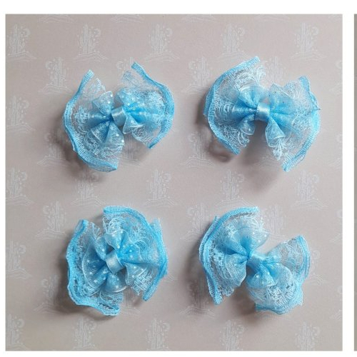 Noeuds bleus en dentelle et organza, pour headband, barrettes, serre tête, vendu par 4 noeuds, de 5,00 cm de large.