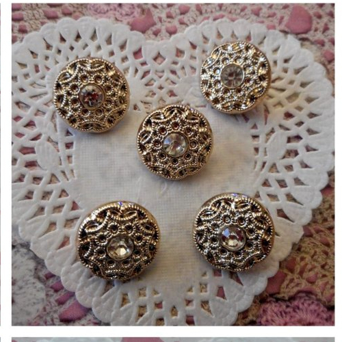 Boutons ronds en plastique doré, strass en acrylique, pour mariage, vendu par 5 boutons, 2,00 cm de diamètre.