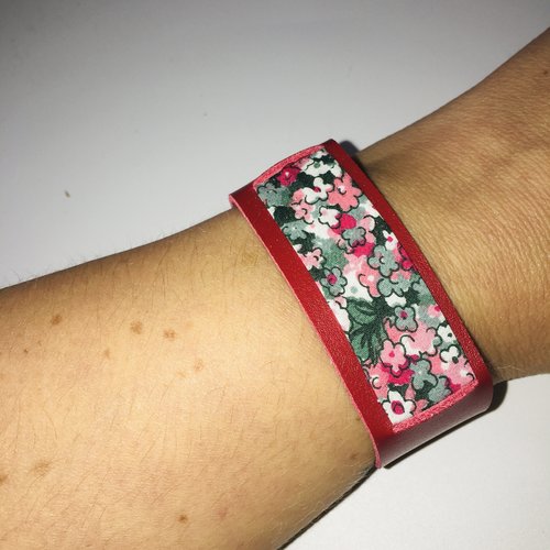 Bracelet cuir véritable rouge et biais fleuri multicolore