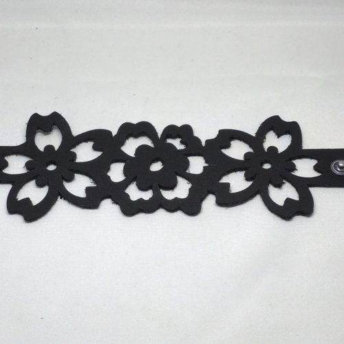 Bracelet cuir véritable noir motif fleurs (grand)