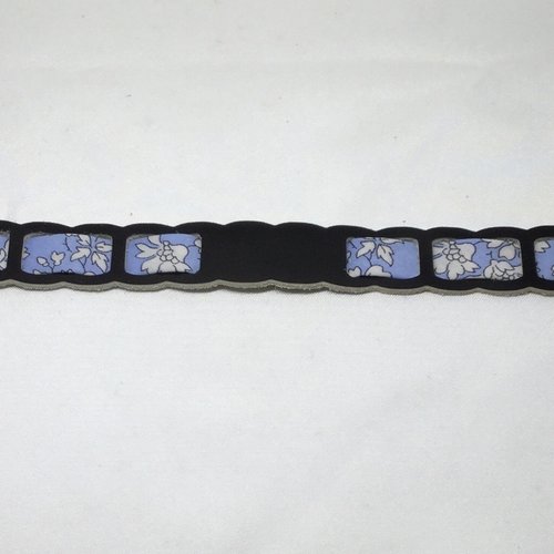 Bracelet cuir véritable noir vernis mat et liberty bleu capel