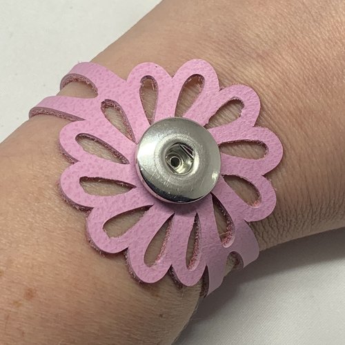 Bracelet femme fleur en cuir véritable rose ajouré pour bouton pression interchangeable 20mm