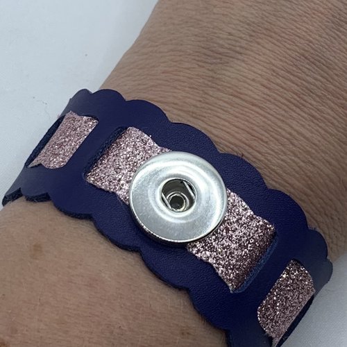 Bracelet femme cuir bleu marine et strass pour bouton pression de 18mm interchangeable