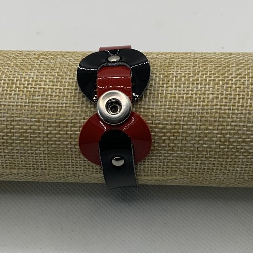 Bracelet femme bicolore en cuir véritable vernis rouge et noir pour bouton pression interchangeable de 12mm