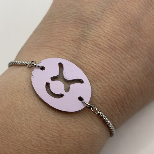 Bracelet artisanal zodiaque motif taureau réglable en cuir et acier inoxydable