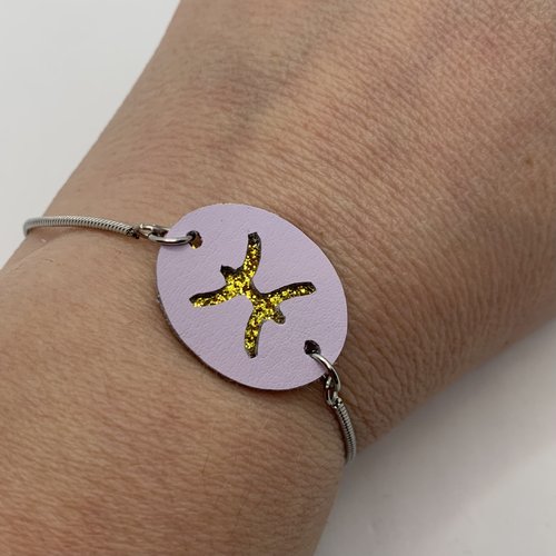 Bracelet artisanal zodiaque motif poisson réglable en cuir et acier inoxydable