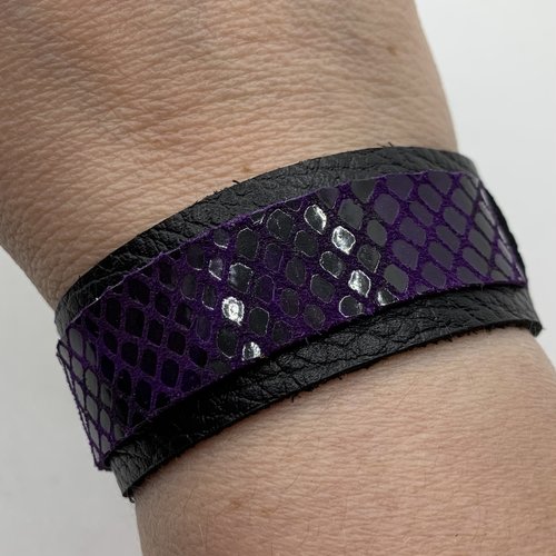 Bande de cuir imprimé animal violet et noir pour bracelet transformable 25mm (1)