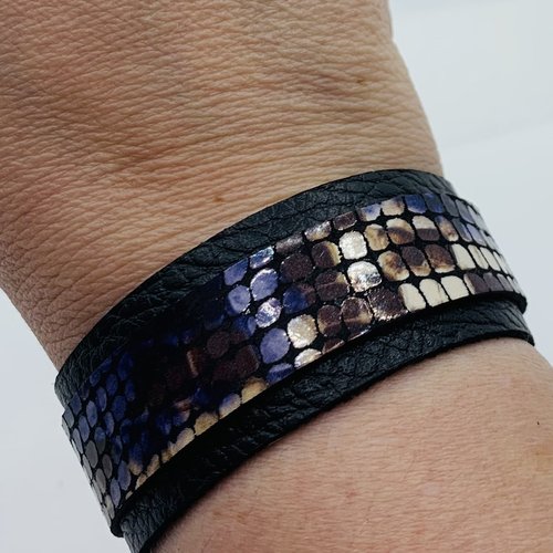 Bande de cuir imprimé animal bleu, marron et noir pour bracelet transformable 25mm (3)