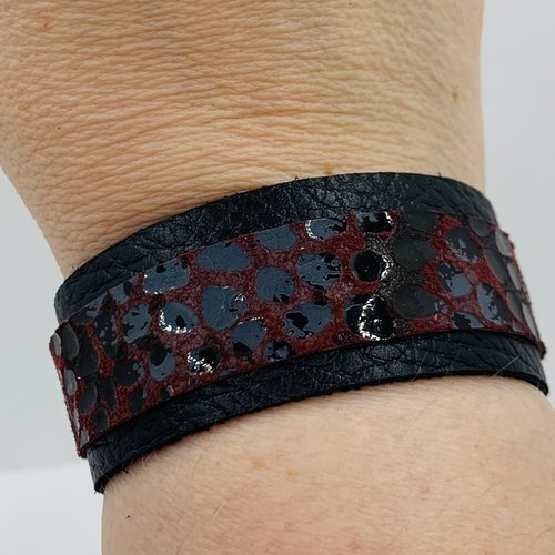 Bande de cuir imprimé animal bordeaux/noir à écailles pour bracelet transformable 25mm (9)