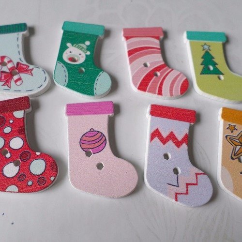 X 5 mixte boutons en bois en forme de chaussette motif noel multicolore 2 trous 25 x 17 mm