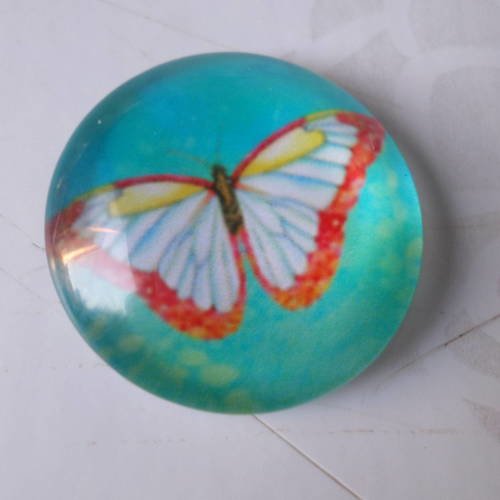X 1 camée/cabochon rond en verre motif papillon multicolore 25 mm 
