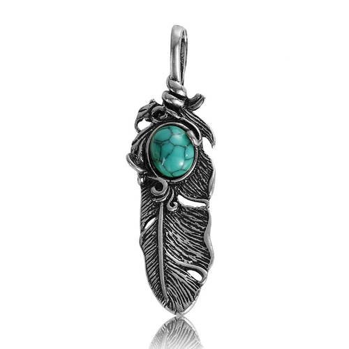 X 1 pendentif/breloque plume perle turquoise métal argent vieilli 4,8 x 1,4 cm 
