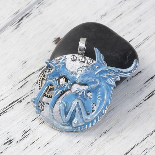 X 1 pendentif/breloque dragon bleu métal argent vieilli 4,2 x 4,2  cm 
