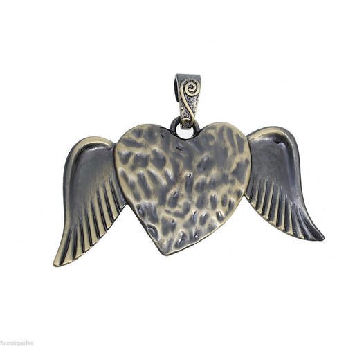 X 1 grand pendentif coeur aile d'ange couleur bronze 7,9 x 5,4 cm 