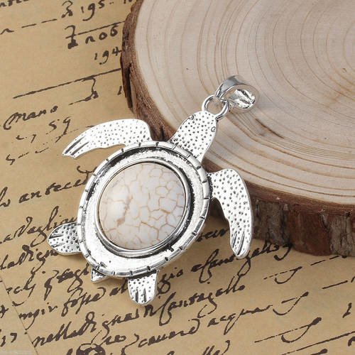 X 1 grand pendentif antique tortue style bohème métal argent vieilli 7,3 x 6,7 cm 