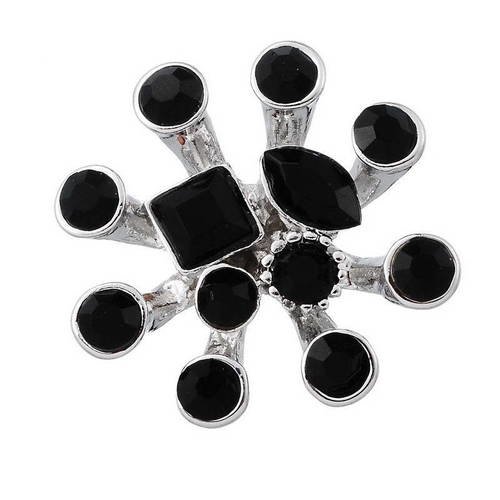 X 1 bouton pression(pour bijoux)pissenlit strass noir métal argenté 26,5 x 24 mm