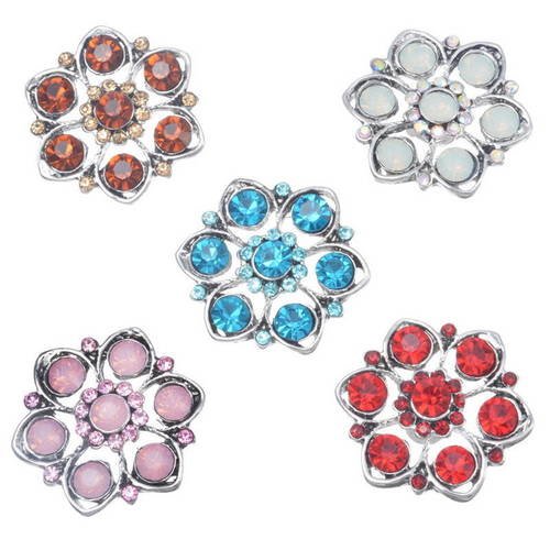 X 5 mixte boutons pression(pour bijoux)fleur strass cristal métal argenté 24 x 22 mm 