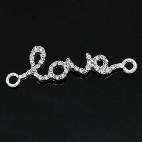 X 2 beaux connecteurs"love"strass blanc en métal argenté 3,9 x 1,2 cm 