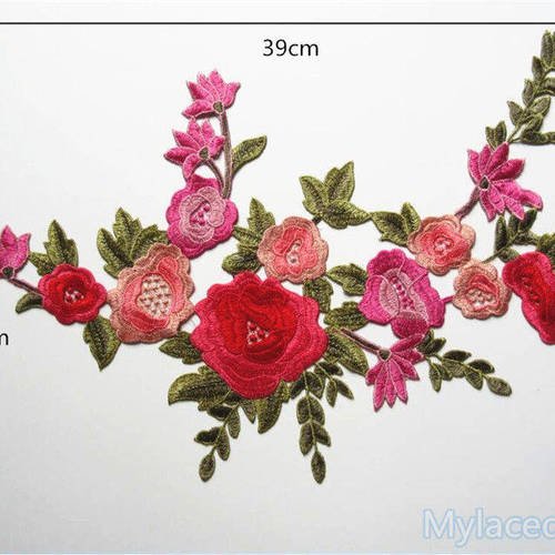 X 1 applique guipure brodé dentelle fine floral ton rose/rouge  ma15 