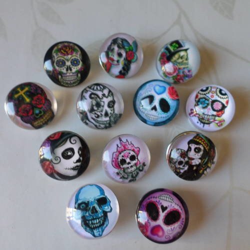 X 12 mixte boutons pression rond en verre motif tete de mort (pour bijoux)18 mm n°2 