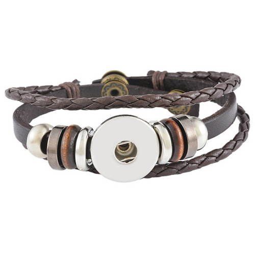X 1 bracelet multilayer cuir pu marron pour bouton pression réglable métal argenté 23 cm 
