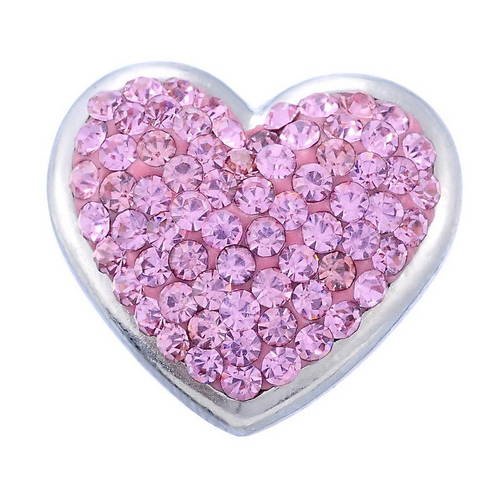 X 1 bouton pression coeur strass cristal pavé rose clair(pour bijoux)métal argenté 23 x 21 mm 