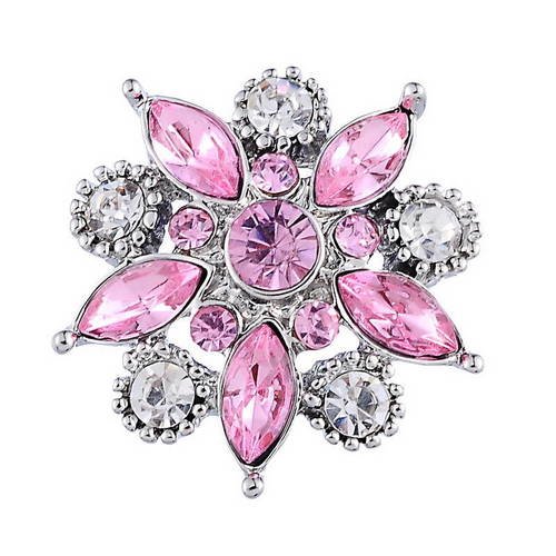 X 1 bouton pression fleur strass cristal rose/blanc(pour bijoux)métal argenté 26 x 25 mm 