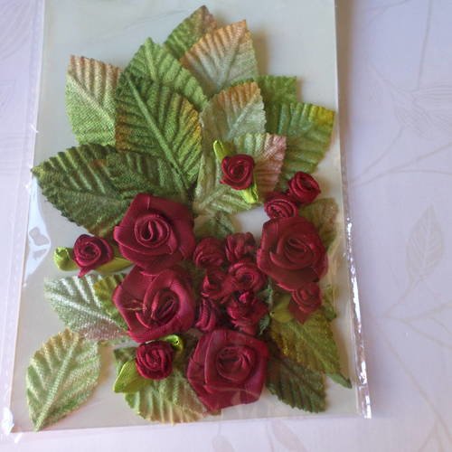 X 1 set de 25 pièces motif feuilles+fleurs rose en satin rouge 