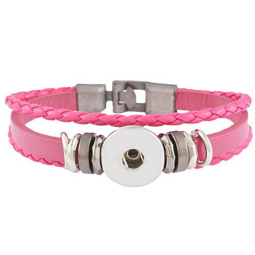 X 1 bracelet cuir pu tressé rose pour bouton pression fermoir clips 21 cm 