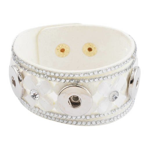 X 1 bracelet cuir pu blanc fleur/strass pour bouton pression métal argenté 22,5 cm 