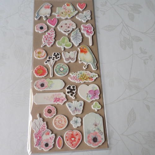 X 1 planche de stickers autocollants 3d vintage motif oiseaux/fleurs pailleté en mousse