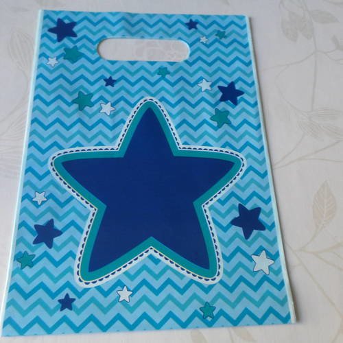 X 10 grands sachets/pochettes cadeaux plastique bleu motif étoile 22 x 16 cm 