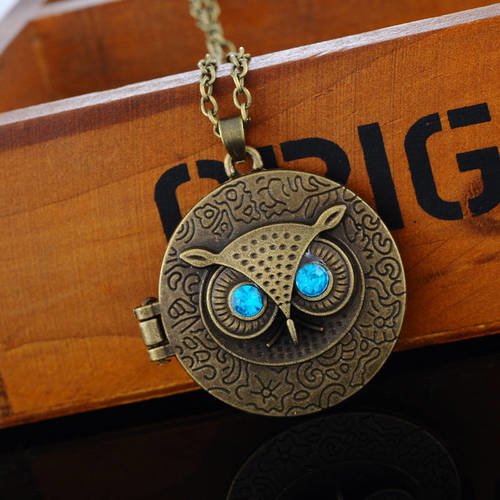 X 1 collier chaîne pendentif porte photo hibou yeux bleu bronze 72 cm 