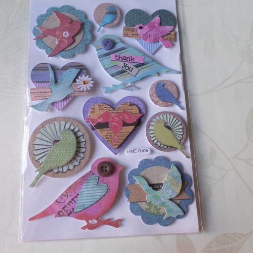 X 1 planche de stickers autocollants 3d vintage motif oiseaux/fleur/coeur 