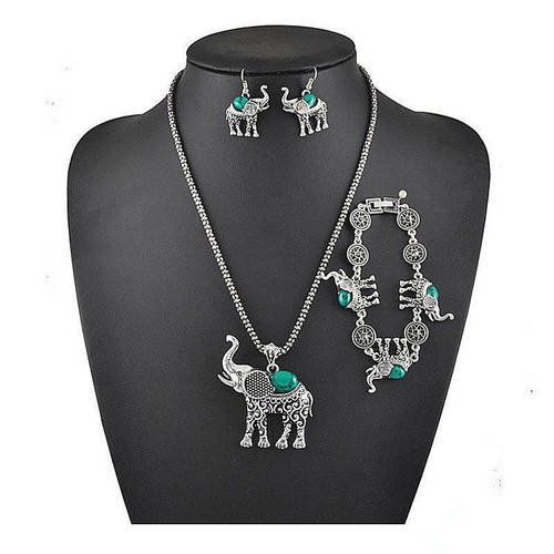 X 1 set collier chaîne/bracelet/boucles d'oreilles éléphant perle turquoise argent vieilli 