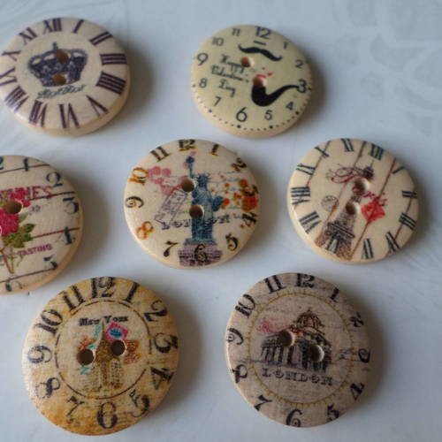 X 5 mixte boutons bois rond vintage horloge à motif 2 trous 20 mm 