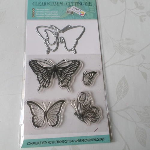 X 1 planche de tampons clear stamps transparent+matrice de découpe motif papillon