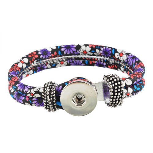 X 1 bracelet cuir ton violet motif fleur pour bouton pression 22 cm 