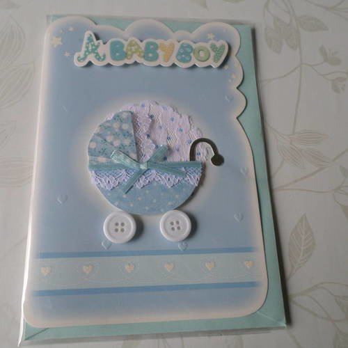 X 1 carte double baby boy motif landau en 3d+1 enveloppe bleu 19 x 13 cm 