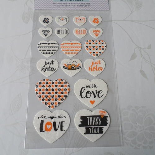 X 1 planche de 18 mixte stickers autocollants coeur en tisse à motif