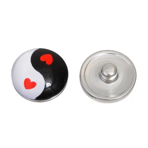 X 1 bouton pression(pour bijoux)rond en verre yin et yang coeur rouge 18 mm 