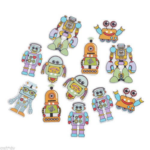 X 5 mixte boutons bois motif robots multicolore 2 trous 