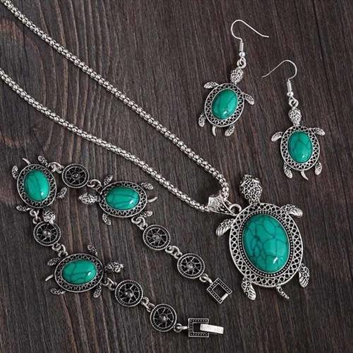 X 1 set bijoux collier/bracelet/boucles d'oreilles motif tortue perles turquoise argent vieilli 