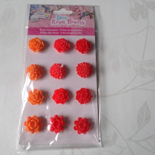 X 12 mixte camées/cabochon adhésifs fleur ton orange/rouge en résine 20 mm 