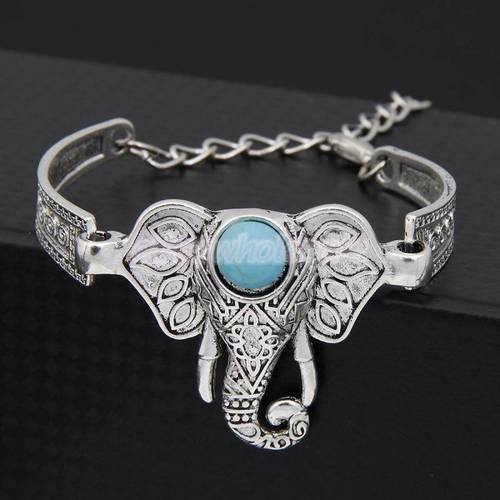 X 1 bracelet ethnique éléphant perle turquoise métal argenté 