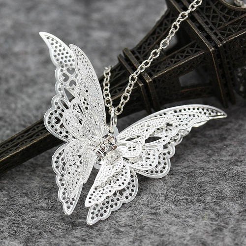 X 1 collier chaîne pendentif papillon 3d strass argent plaqué 925 