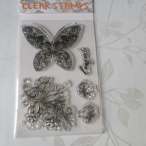 X 1 planche de tampons clear stamps transparent motif papillon/fleur en silicone 