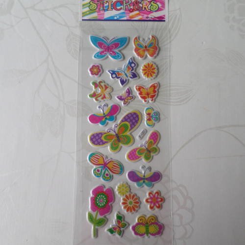 X 1 planche de stickers autocollants motif papillons multicolore bombé 