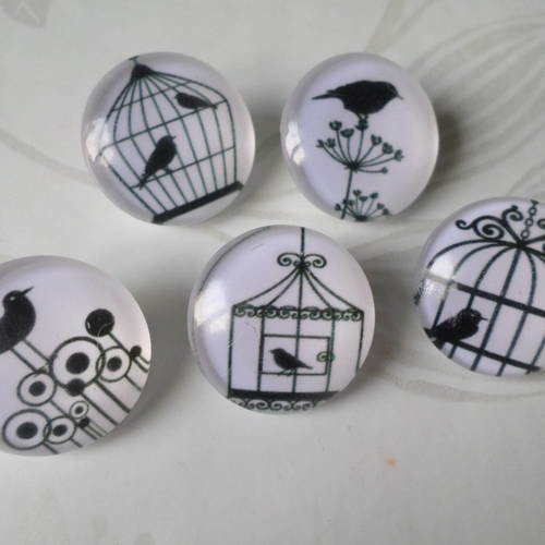 X 5 mixte boutons pression pour bijoux rond en verre motif cage/oiseau 20 mm n°4 