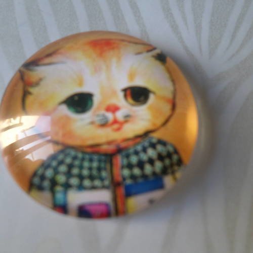 X 1 camée/cabochon rond en verre motif chaton rigolo 20 mm 